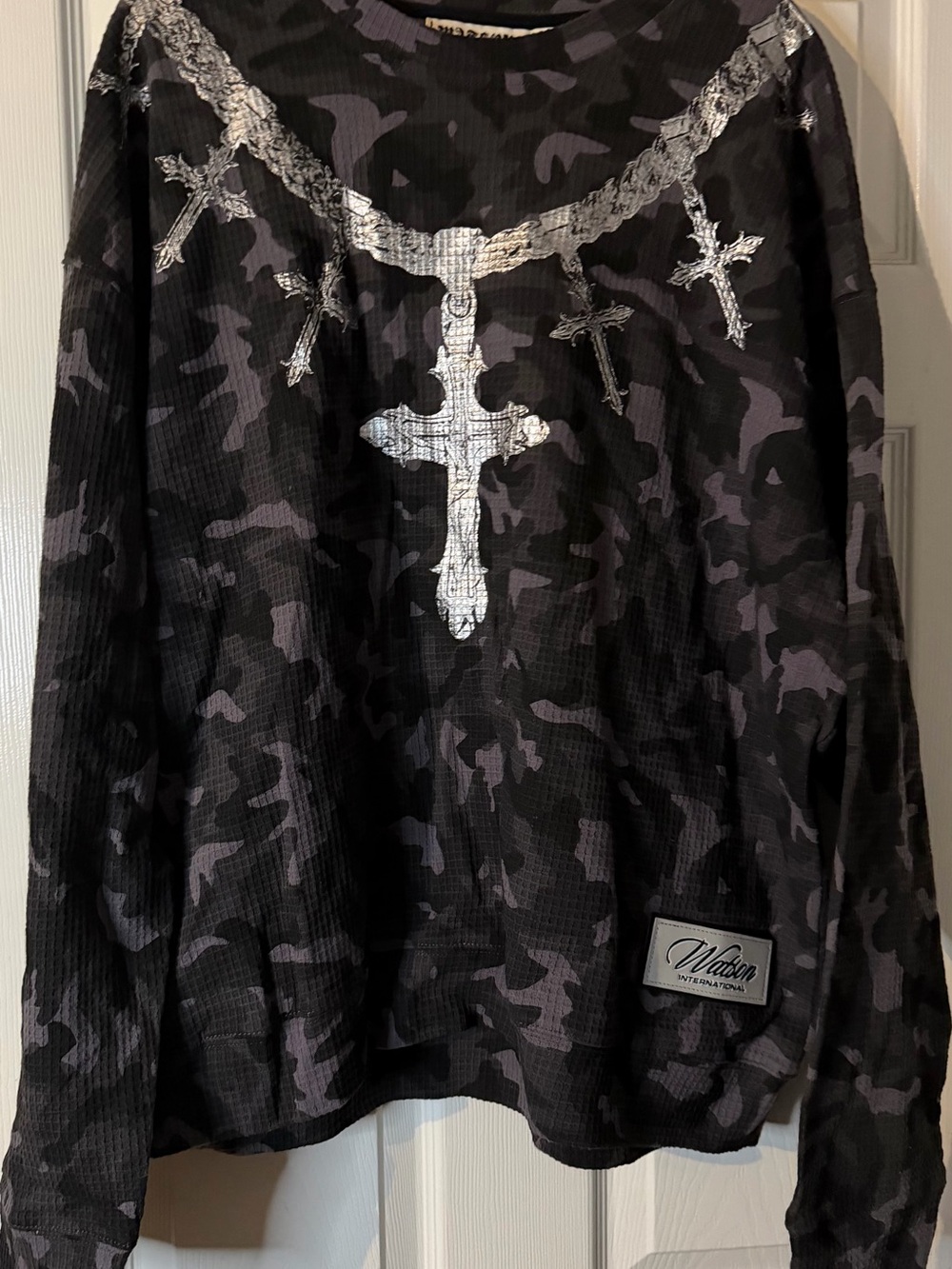Watson  Men’s Black Camo Thermal Long-Sleeve Shirt with Silver Cross Accents